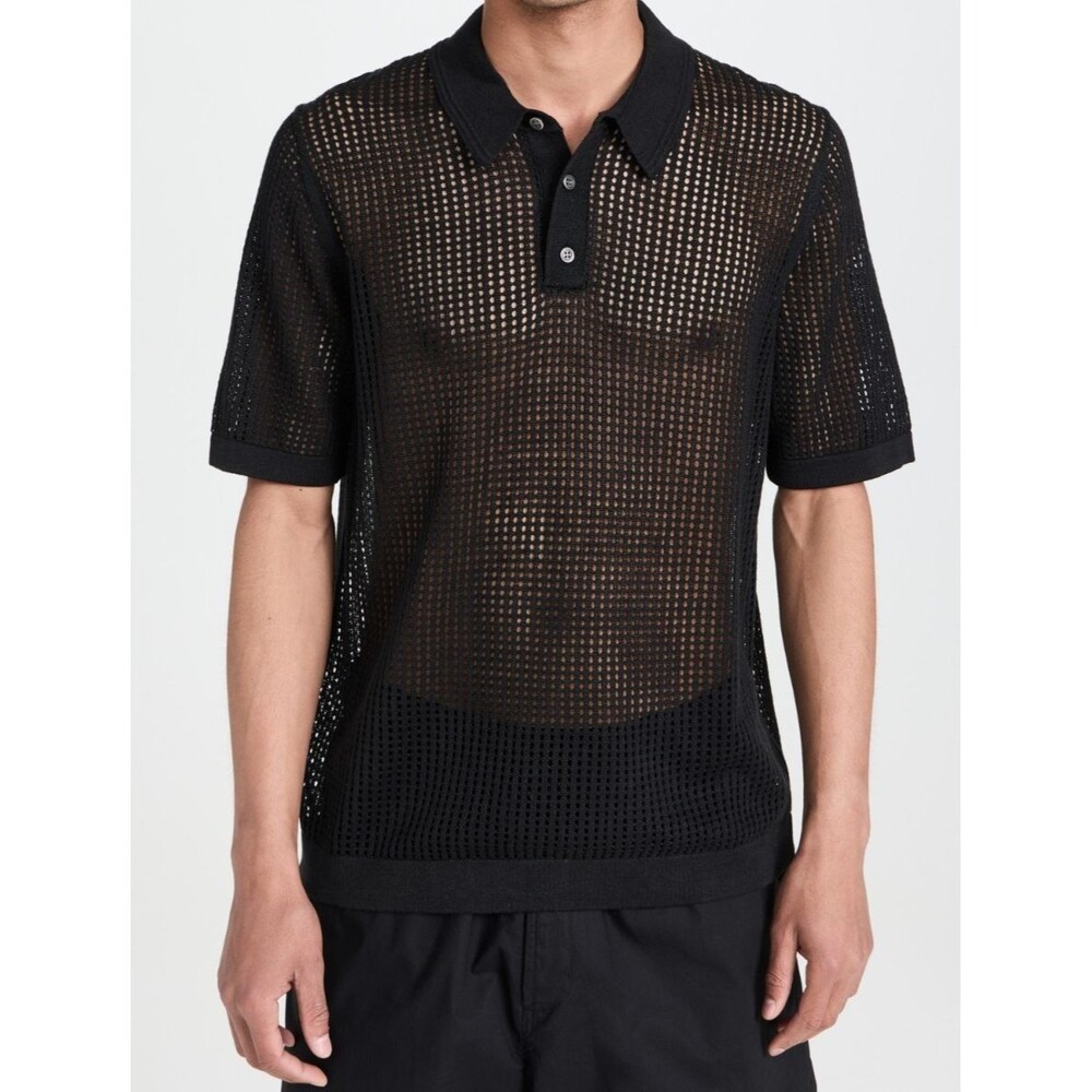 SIMKHAI Polo Shirt Mens Medium Black Sheer Mesh Short Sleeve Knit JEREMIAH $295